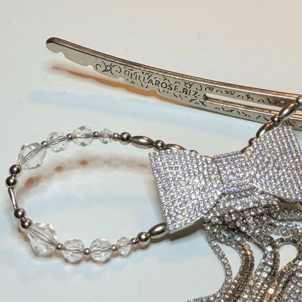 Lilla Rose Flexi Clip Silver Rhinestone Bow Crystal Tassel Hair Accessory XL